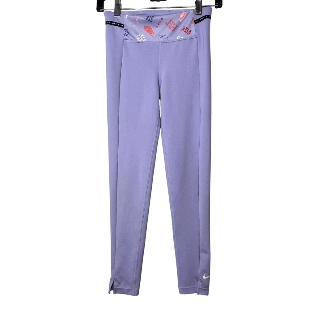 Nike Girls Dri-FIT High Rise Graphic Waist Split Hem Leggings Purple Medium M